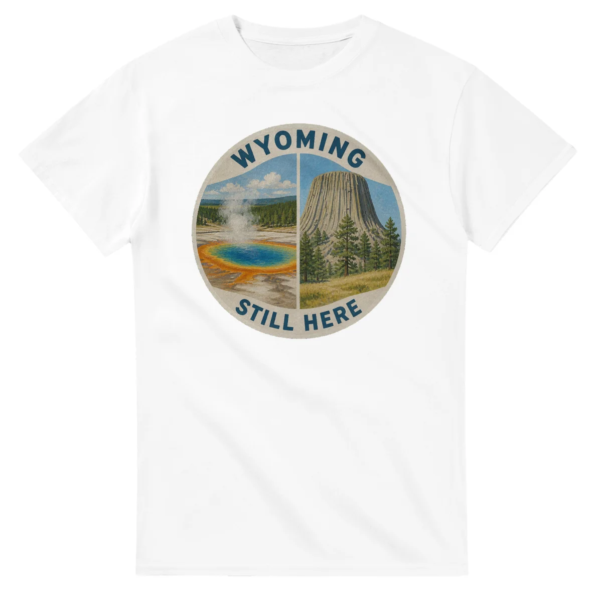 Painted, panelled scenic illustration for Wyoming, with paired local scenes and the place name in lettering.