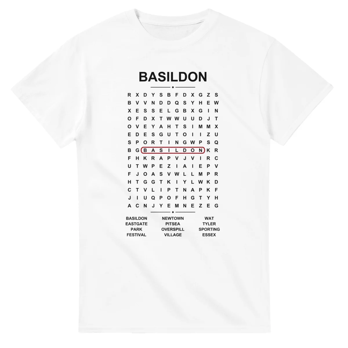 Word-search sheet for Basildon, with a large place-name heading, a letter grid, a local answer list, and a red highlighted example word.