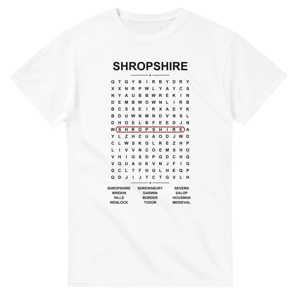 Word-search sheet for Shropshire, with a large place-name heading, a letter grid, a local answer list, and a red highlighted example word.