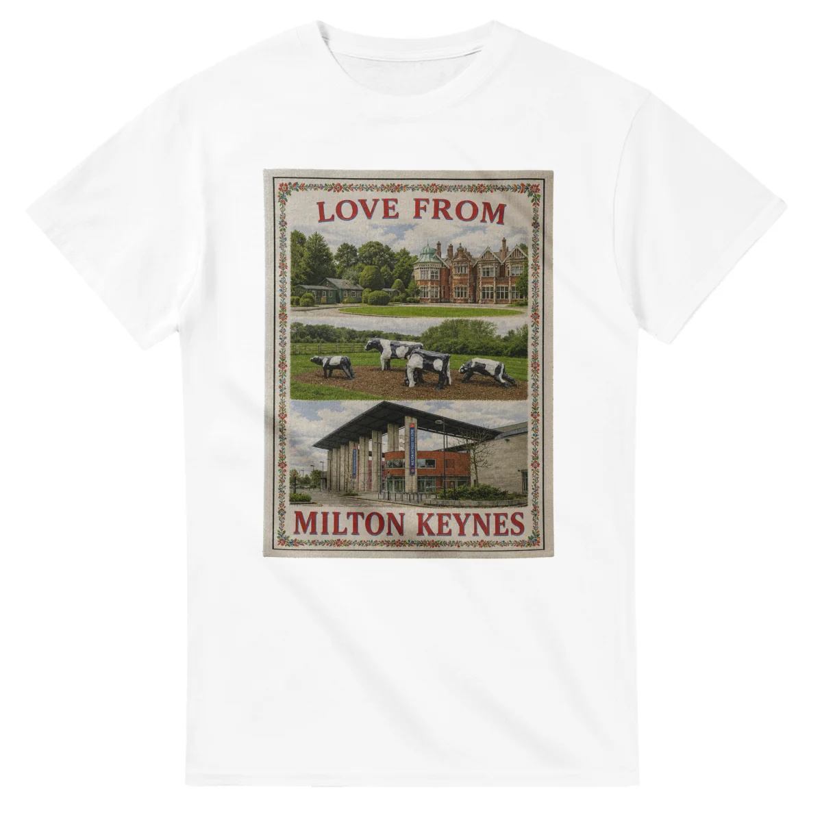 Framed scenic design for Milton Keynes, with several local views, a decorative border and LOVE FROM lettering.