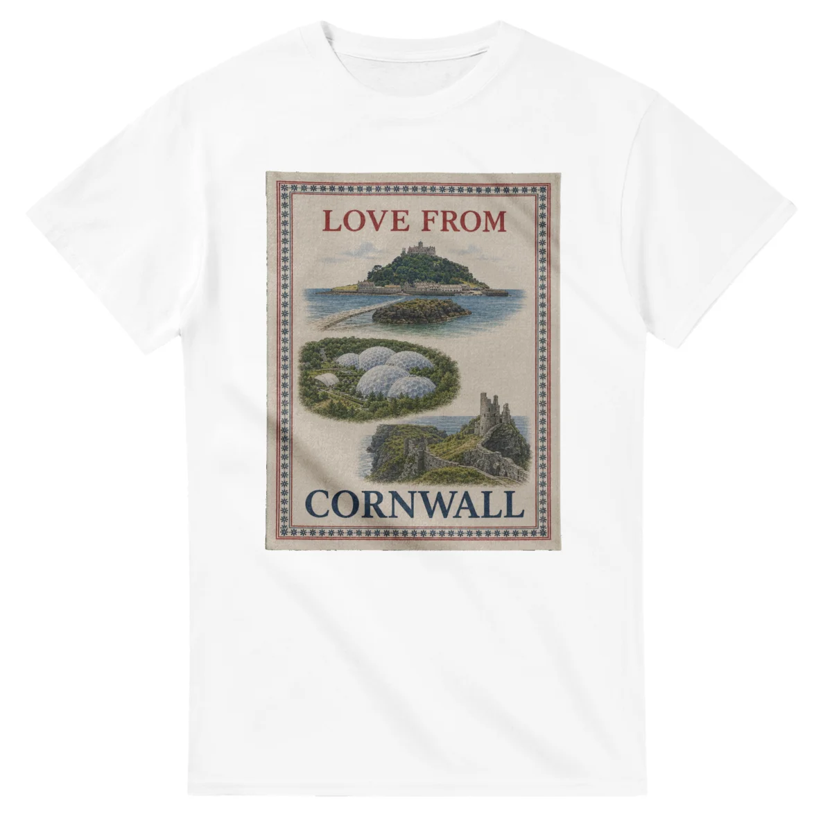 Framed scenic design for Cornwall, with several local views, a decorative border and LOVE FROM lettering.