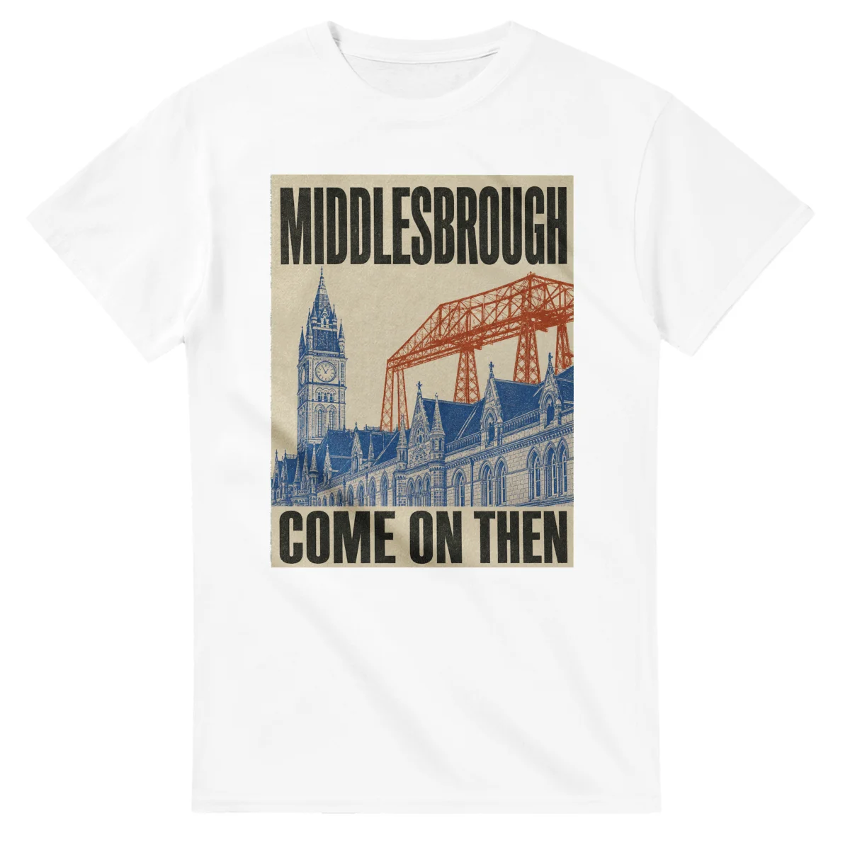 Two-colour scenic illustration for Middlesbrough, with the place name and COME ON THEN lettering.