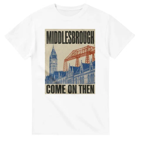 Two-colour scenic illustration for Middlesbrough, with the place name and COME ON THEN lettering.