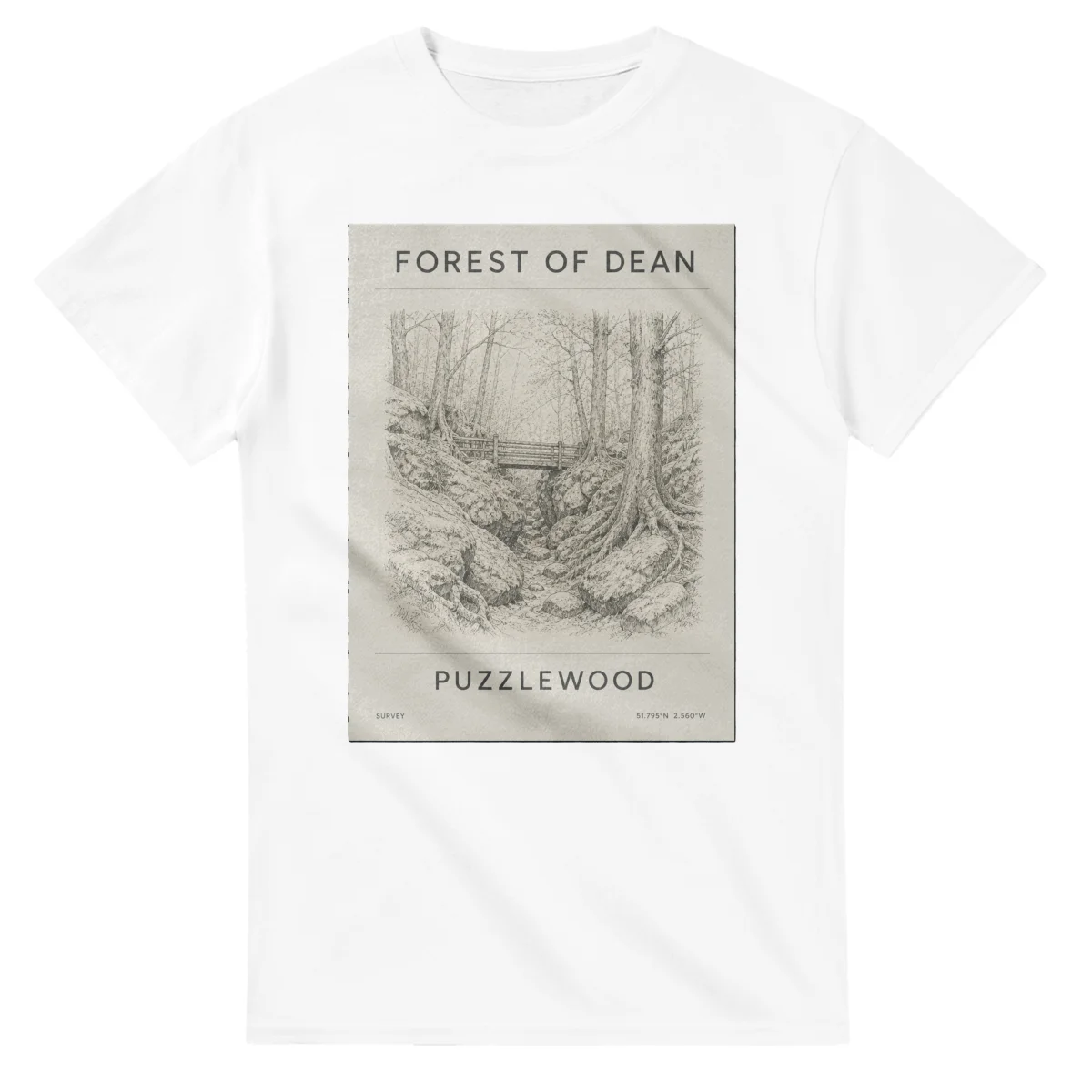 Fine-line engraving-style drawing for Forest of Dean, with a landmark caption and small coordinate text.