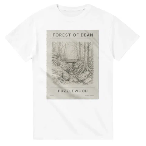 Fine-line engraving-style drawing for Forest of Dean, with a landmark caption and small coordinate text.