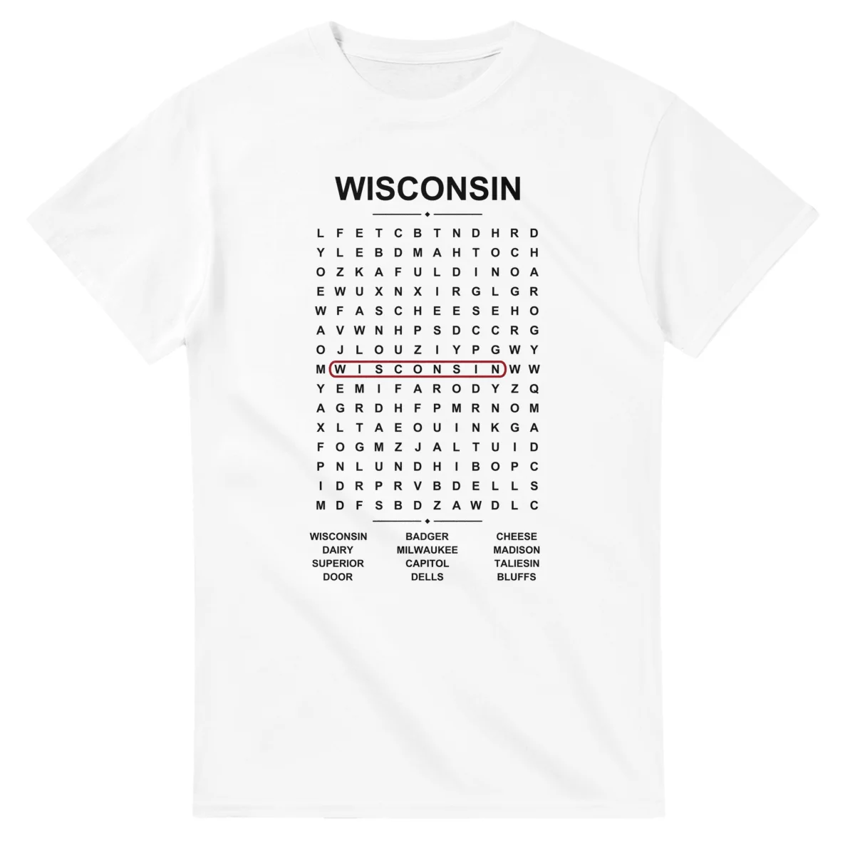 Word-search sheet for Wisconsin, with a large place-name heading, a letter grid, a local answer list, and a red highlighted example word.