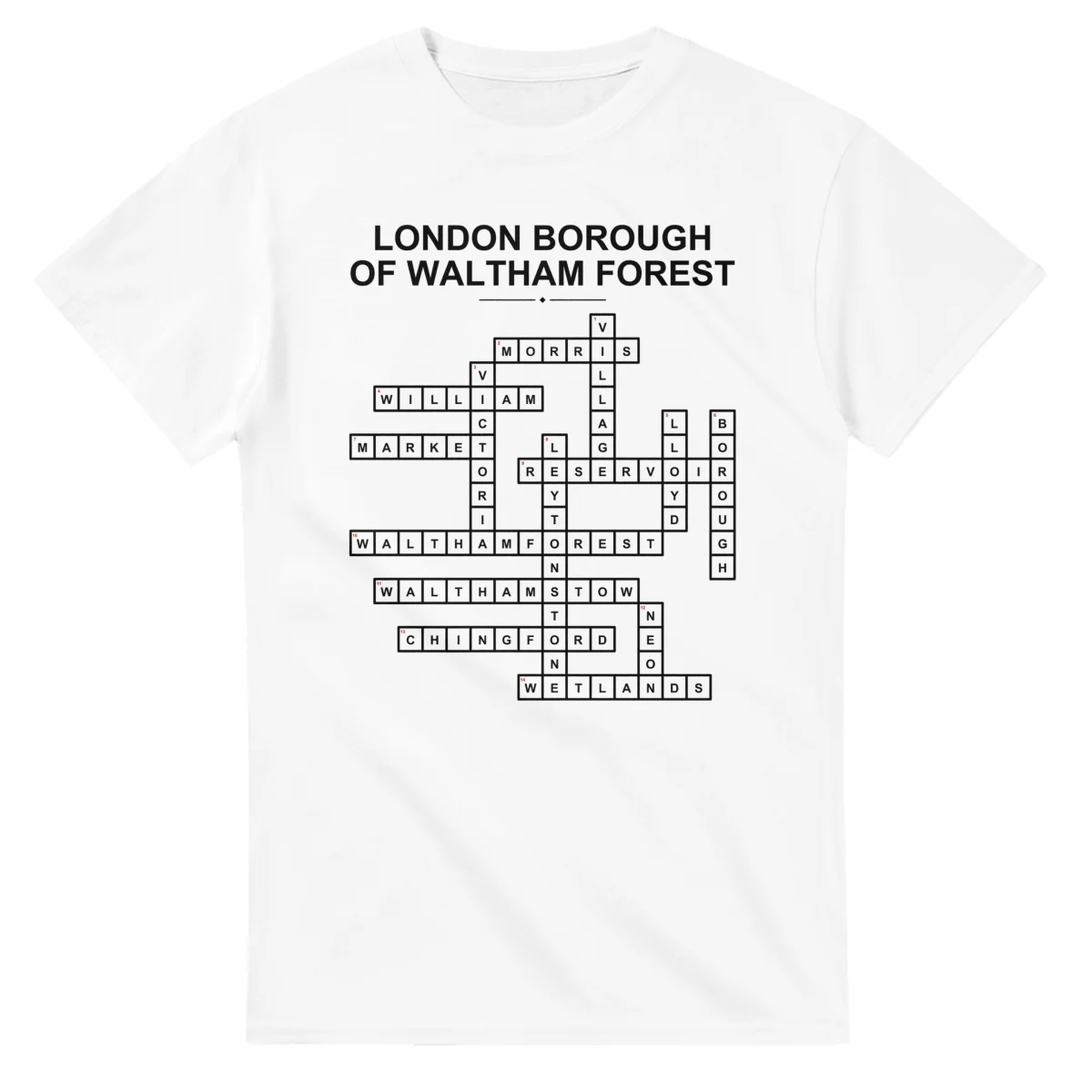 Monochrome crossword sheet for London Borough of Waltham Forest, with a large place-name heading, a letter grid, and numbered across and down clues.