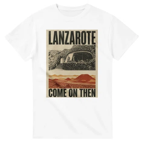 Two-colour scenic illustration for Lanzarote, with the place name and COME ON THEN lettering.