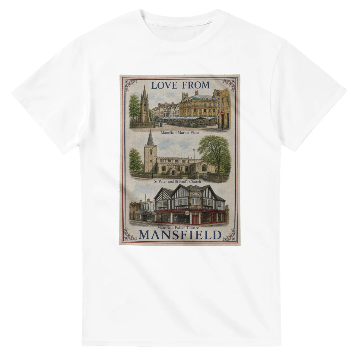 Framed scenic design for Mansfield, with several local views, a decorative border and LOVE FROM lettering.