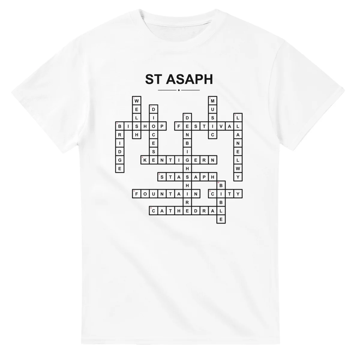 Monochrome crossword sheet for St Asaph, with a large place-name heading, a letter grid, and numbered across and down clues.