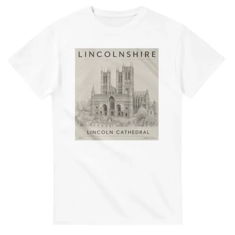 Fine-line engraving-style drawing for Lincolnshire, with a landmark caption and small coordinate text.