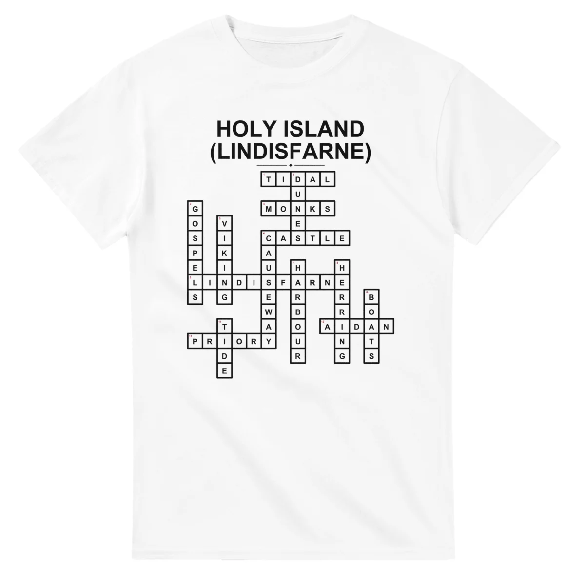 Monochrome crossword sheet for Holy Island (Lindisfarne), with a large place-name heading, a letter grid, and numbered across and down clues.
