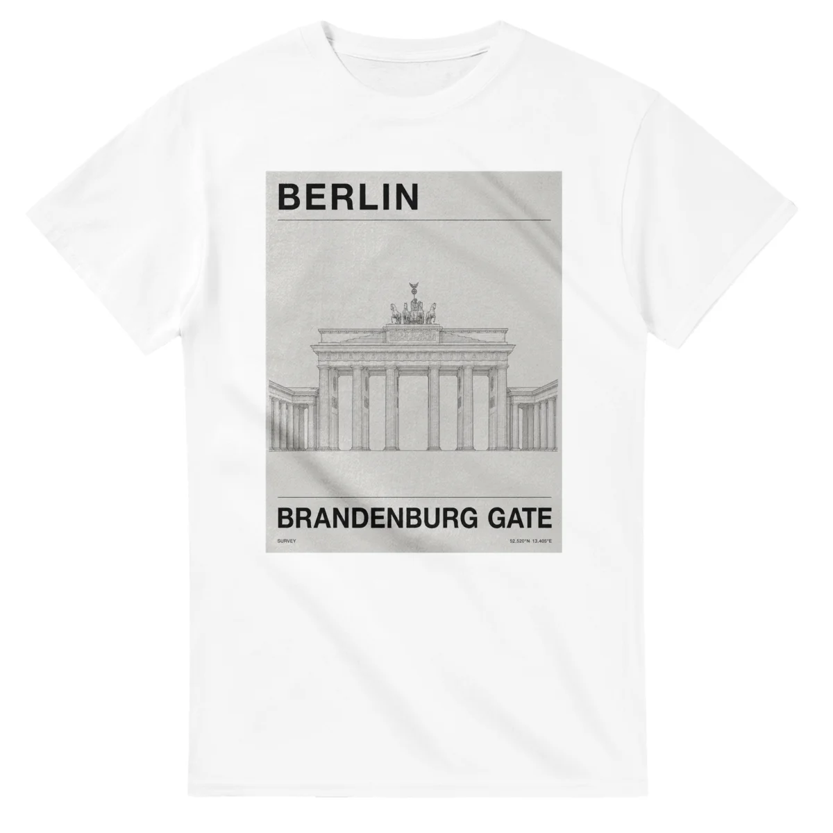 Fine-line engraving-style drawing for Berlin, with a landmark caption and small coordinate text.