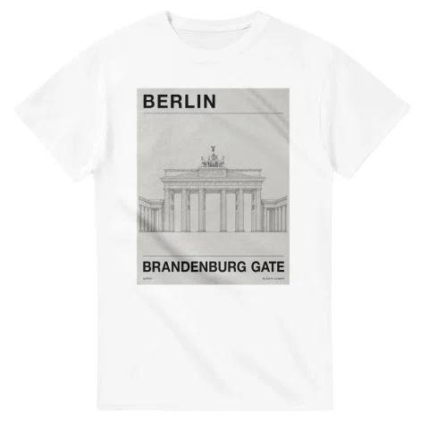 Fine-line engraving-style drawing for Berlin, with a landmark caption and small coordinate text.