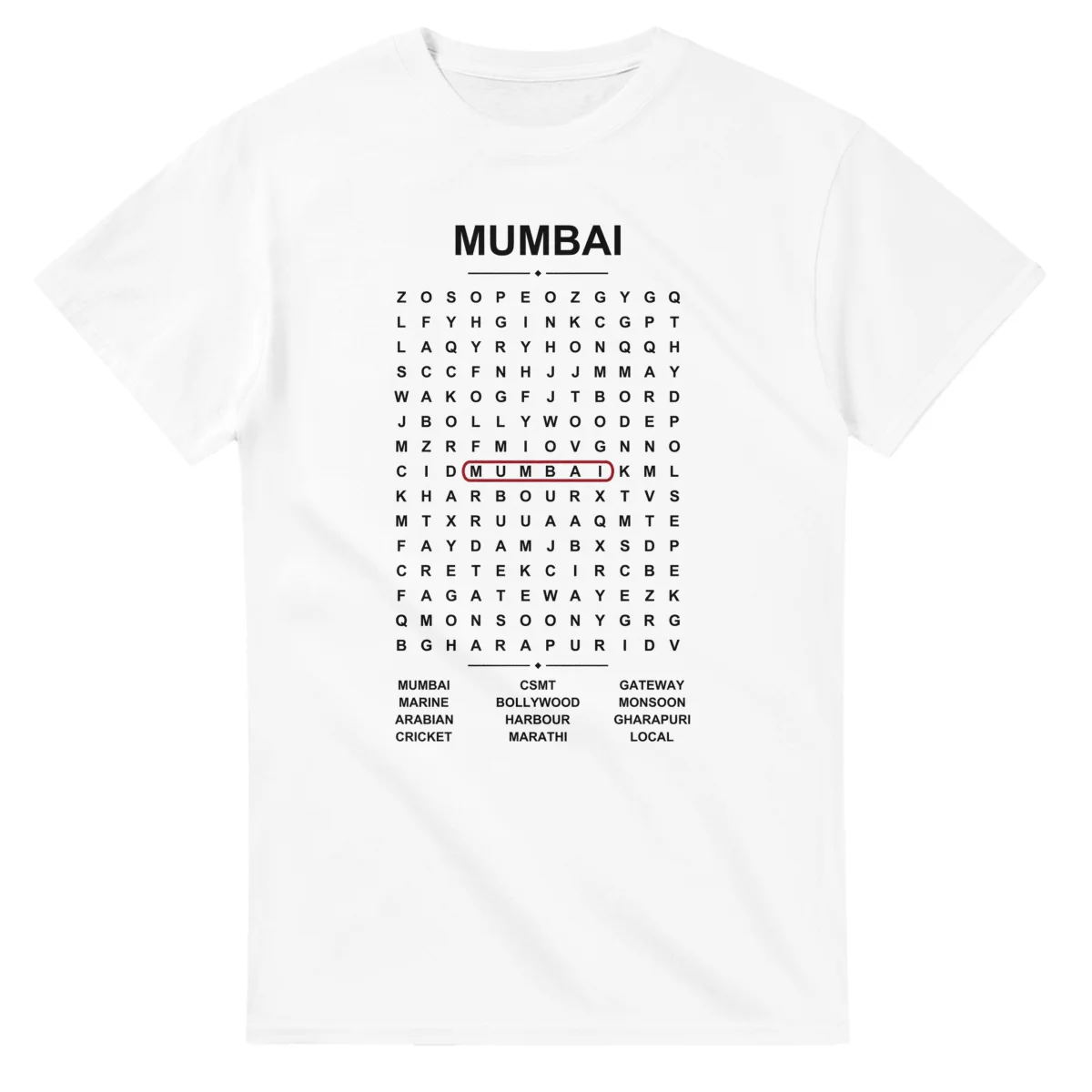 Word-search sheet for Mumbai, with a large place-name heading, a letter grid, a local answer list, and a red highlighted example word.