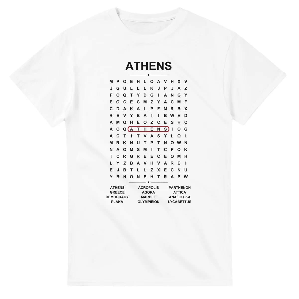 Word-search sheet for Athens, with a large place-name heading, a letter grid, a local answer list, and a red highlighted example word.