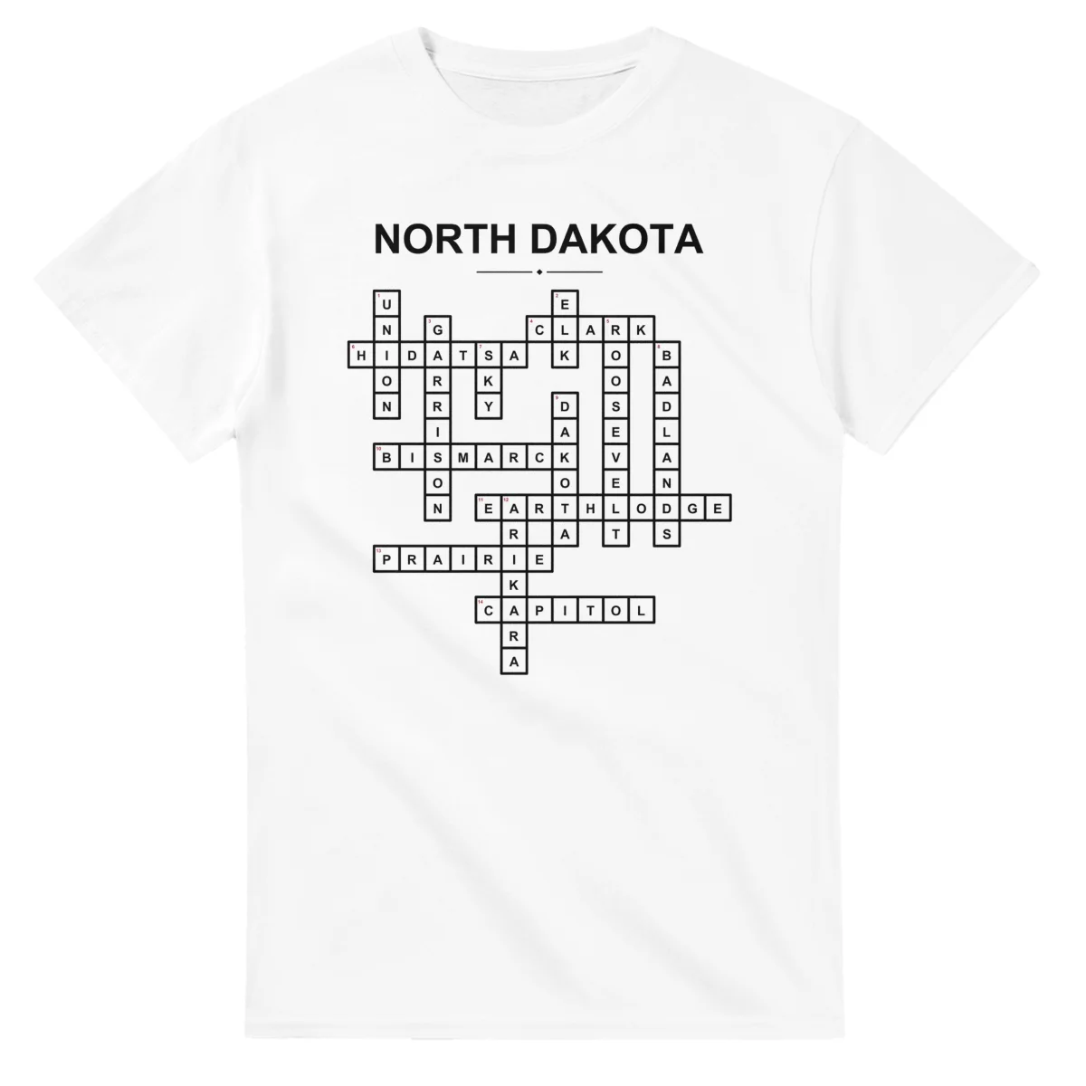 Monochrome crossword sheet for North Dakota, with a large place-name heading, a letter grid, and numbered across and down clues.
