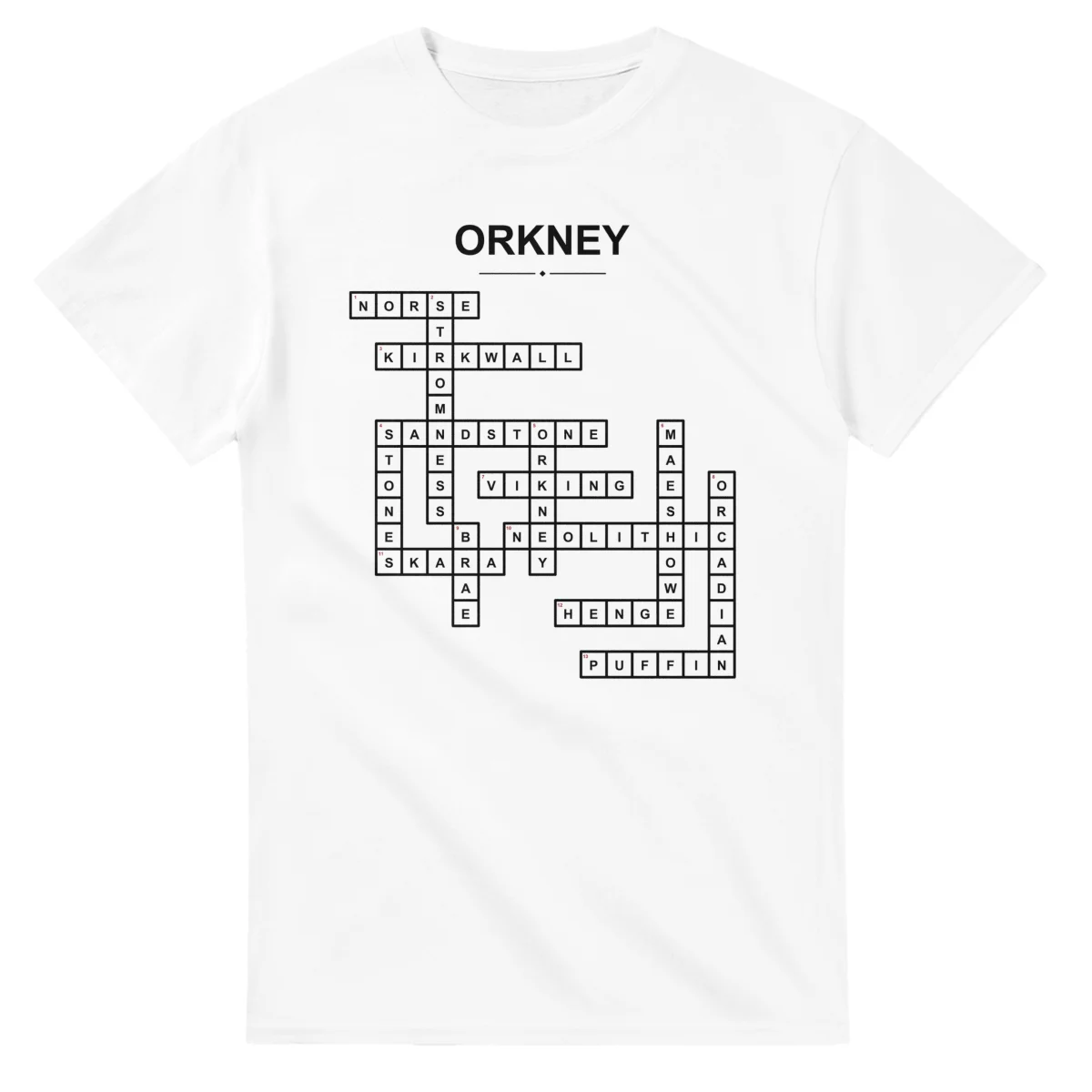 Monochrome crossword sheet for Orkney, with a large place-name heading, a letter grid, and numbered across and down clues.
