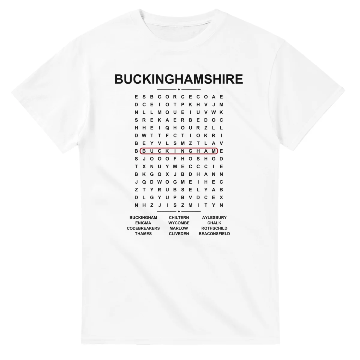 Word-search sheet for Buckinghamshire, with a large place-name heading, a letter grid, a local answer list, and a red highlighted example word.