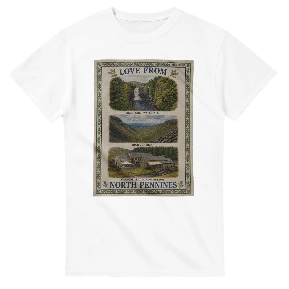 Framed scenic design for North Pennines, with several local views, a decorative border and LOVE FROM lettering.