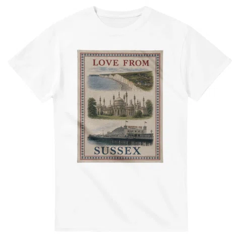 Framed scenic design for Sussex, with several local views, a decorative border and LOVE FROM lettering.