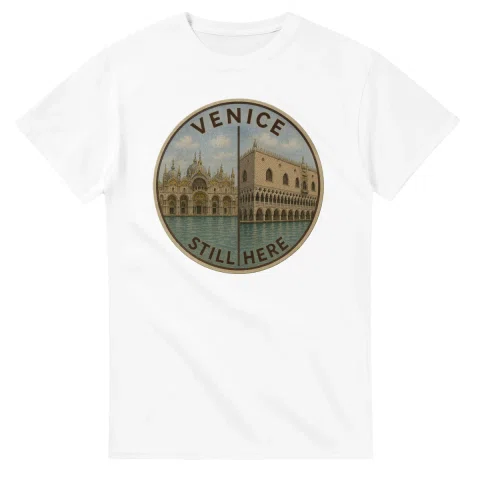 Painted, panelled scenic illustration for Venice, with paired local scenes and the place name in lettering.