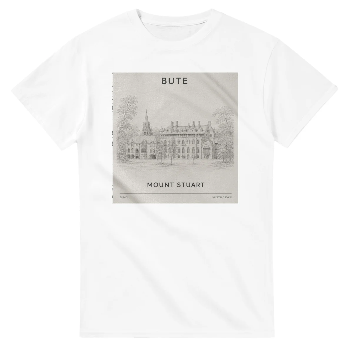 Fine-line engraving-style drawing for Bute, with a landmark caption and small coordinate text.