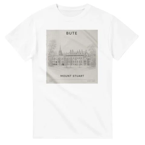 Fine-line engraving-style drawing for Bute, with a landmark caption and small coordinate text.