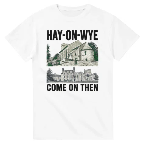 Two-colour scenic illustration for Hay-on-Wye, with the place name and COME ON THEN lettering.