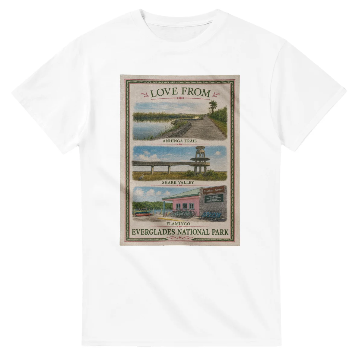 Framed scenic design for Everglades National Park, with several local views, a decorative border and LOVE FROM lettering.