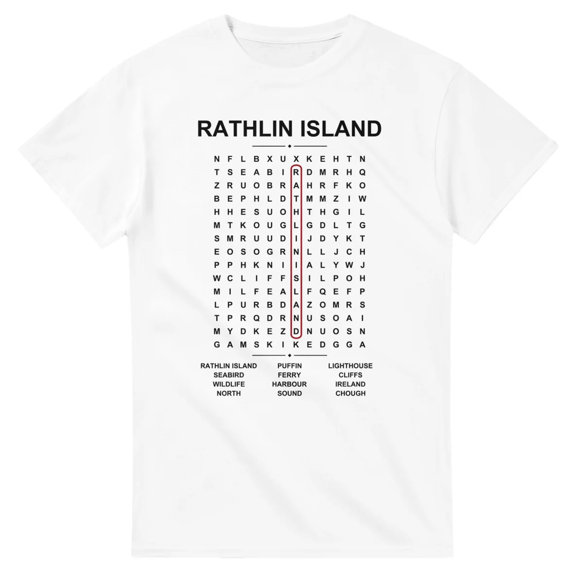 Word-search sheet for Rathlin Island, with a large place-name heading, a letter grid, a local answer list, and a red highlighted example word.