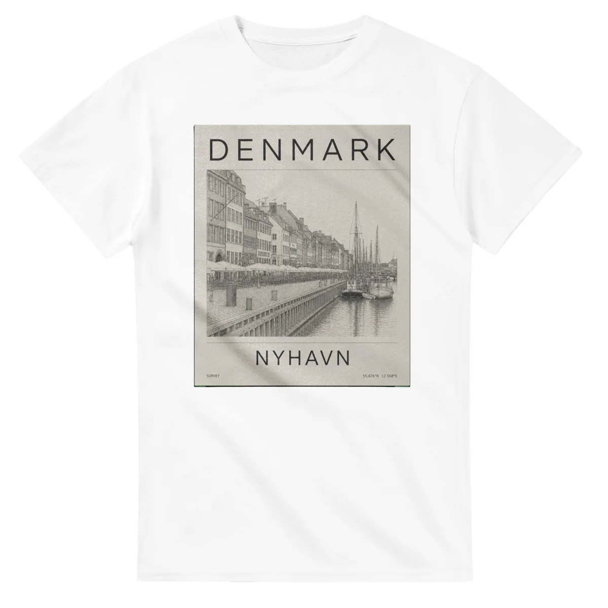 Fine-line engraving-style drawing for Denmark, with a landmark caption and small coordinate text.
