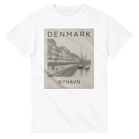 Fine-line engraving-style drawing for Denmark, with a landmark caption and small coordinate text.