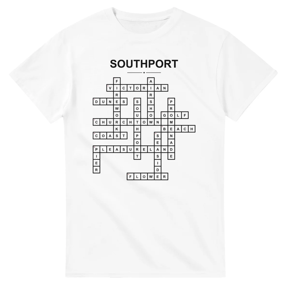 Monochrome crossword sheet for Southport, with a large place-name heading, a letter grid, and numbered across and down clues.