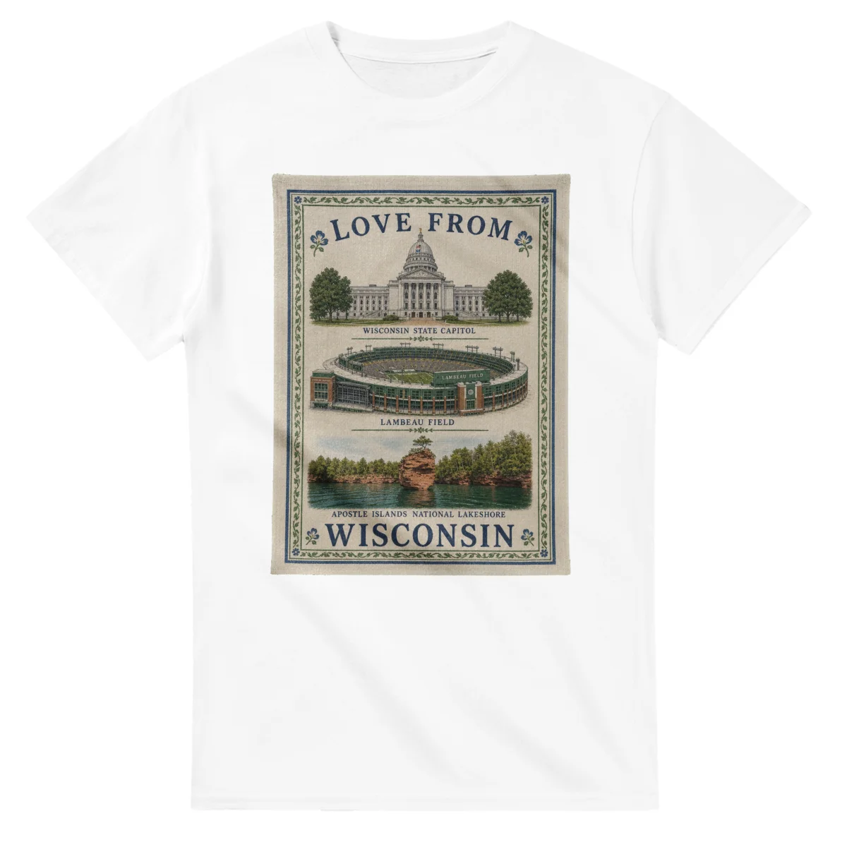 Framed scenic design for Wisconsin, with several local views, a decorative border and LOVE FROM lettering.