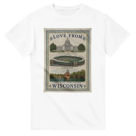 Framed scenic design for Wisconsin, with several local views, a decorative border and LOVE FROM lettering.