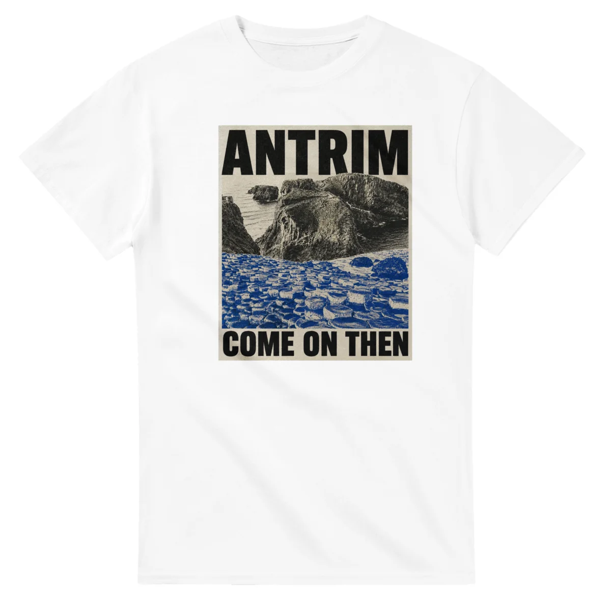 Two-colour scenic illustration for Antrim, with the place name and COME ON THEN lettering.
