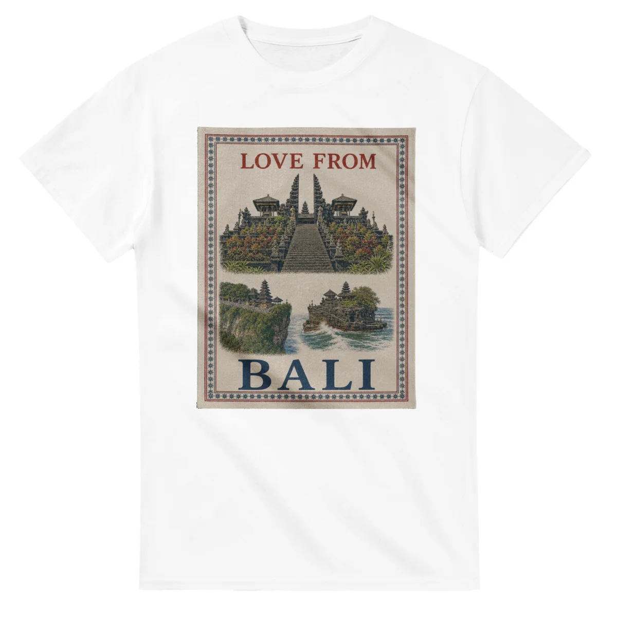 Framed scenic design for Bali, with several local views, a decorative border and LOVE FROM lettering.