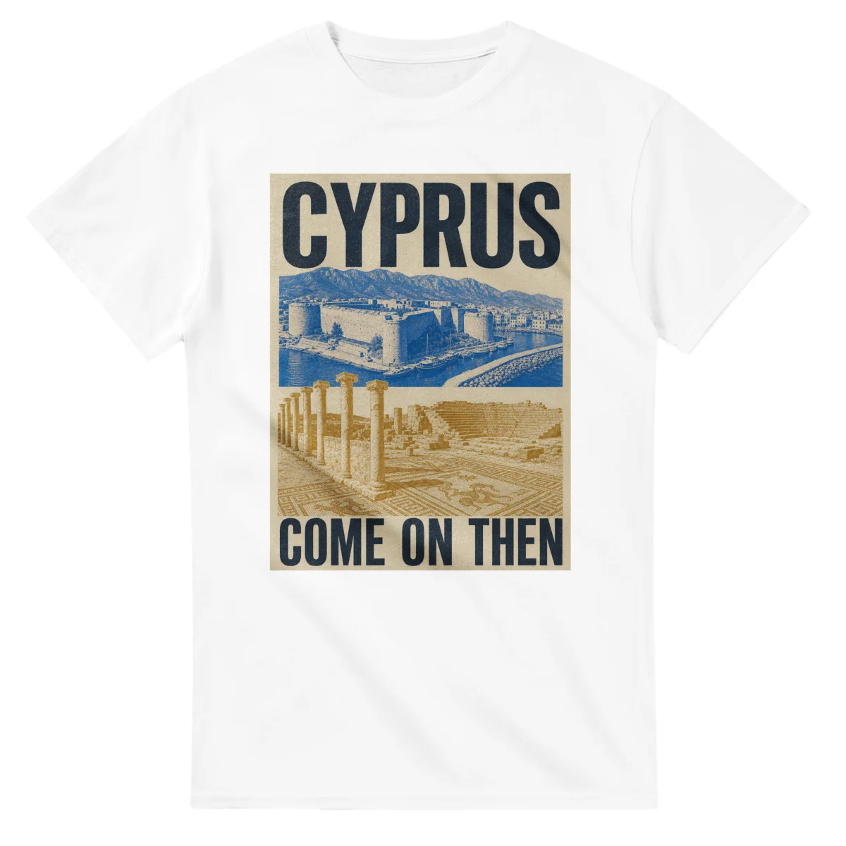 Two-colour scenic illustration for Cyprus, with the place name and COME ON THEN lettering.