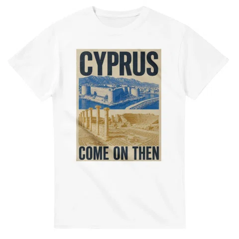 Two-colour scenic illustration for Cyprus, with the place name and COME ON THEN lettering.