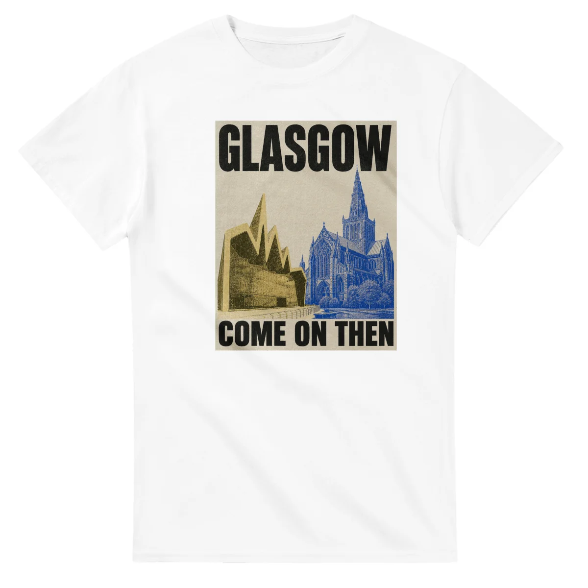 Two-colour scenic illustration for Glasgow, with the place name and COME ON THEN lettering.