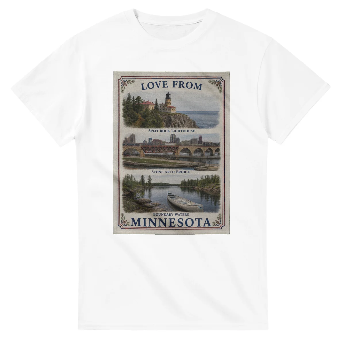 Framed scenic design for Minnesota, with several local views, a decorative border and LOVE FROM lettering.