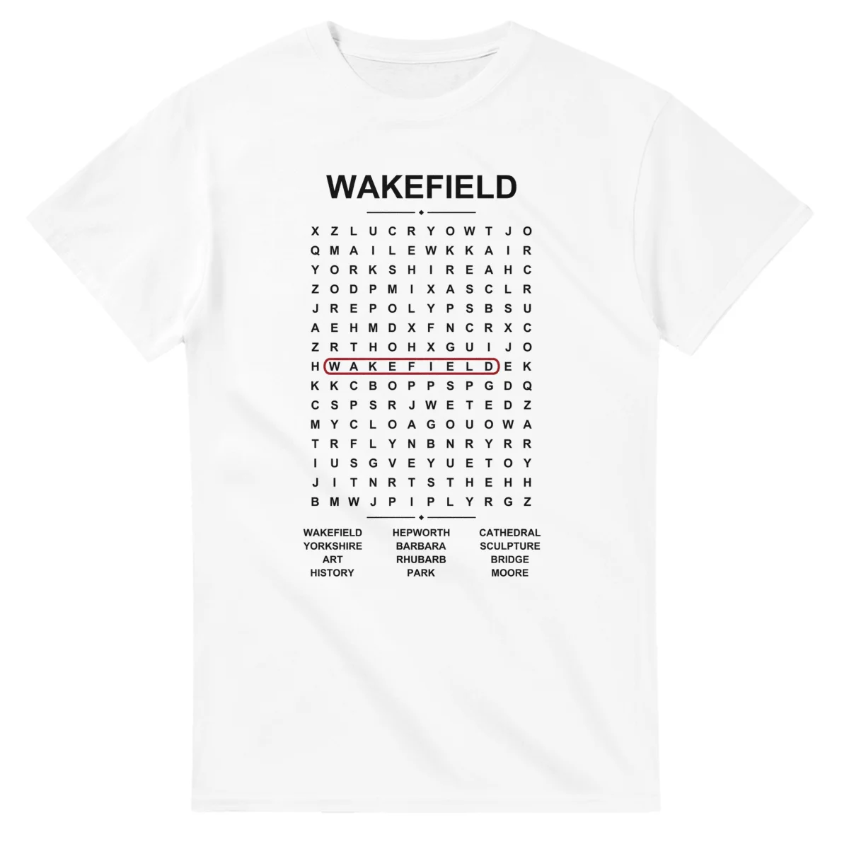 Word-search sheet for Wakefield, with a large place-name heading, a letter grid, a local answer list, and a red highlighted example word.