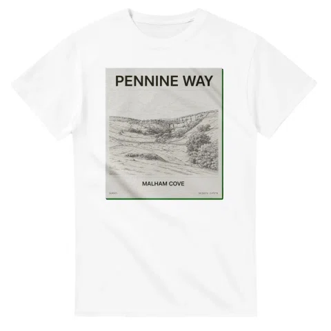Fine-line scenic drawing for Pennine Way with “MALHAM COVE” caption and small coordinate text.