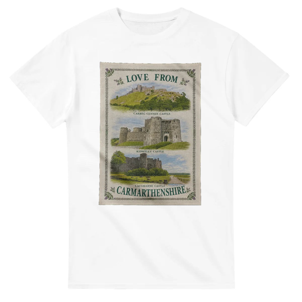 Framed scenic design for Carmarthenshire, with several local views, a decorative border and LOVE FROM lettering.