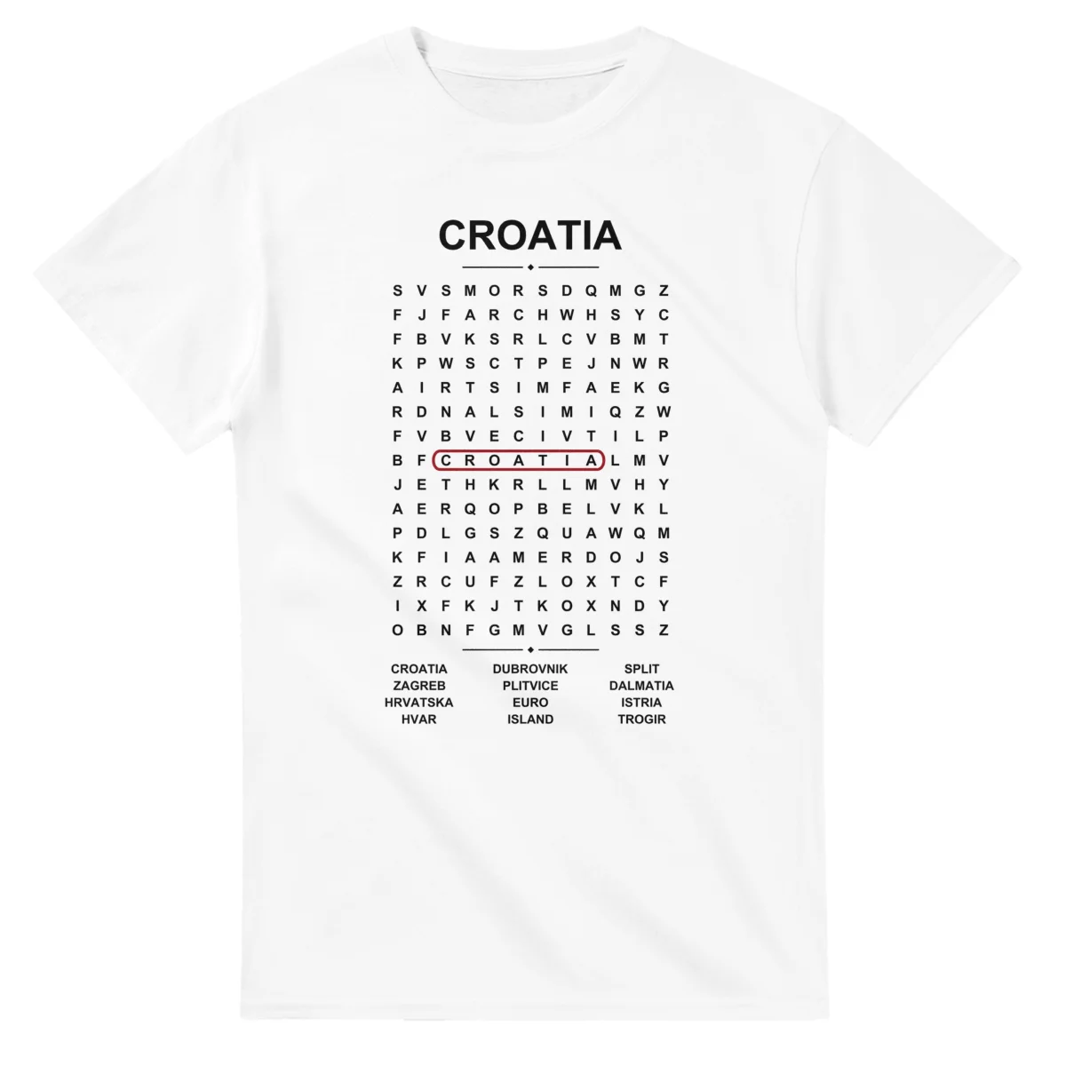 Word-search sheet for Croatia, with a large place-name heading, a letter grid, a local answer list, and a red highlighted example word.