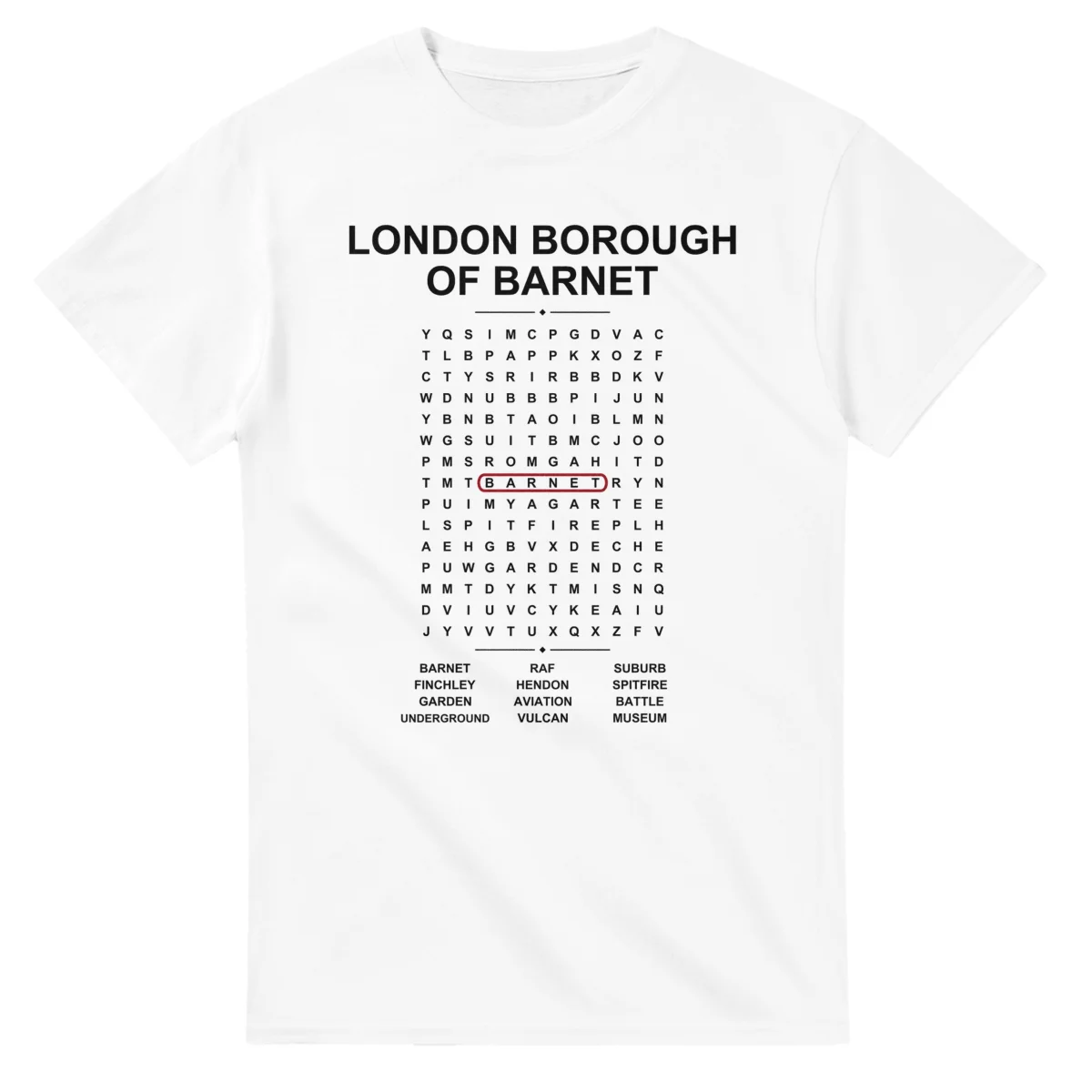 Word-search sheet for London Borough of Barnet, with a large place-name heading, a letter grid, a local answer list, and a red highlighted example word.