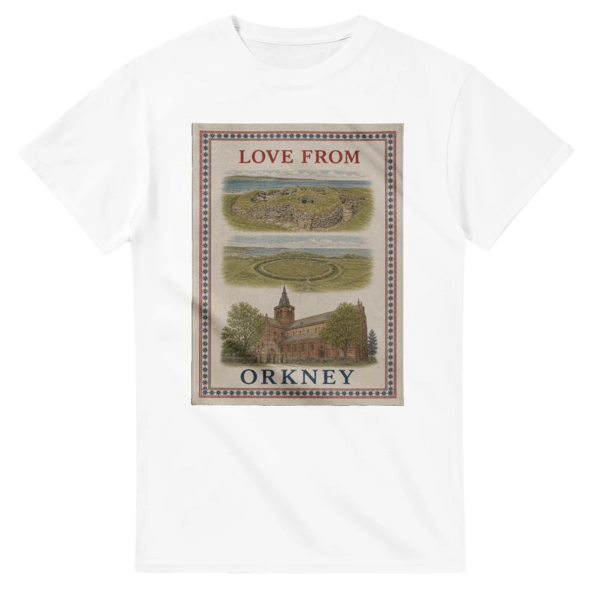 Framed scenic design for Orkney, with several local views, a decorative border and LOVE FROM lettering.