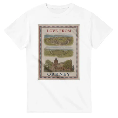 Framed scenic design for Orkney, with several local views, a decorative border and LOVE FROM lettering.