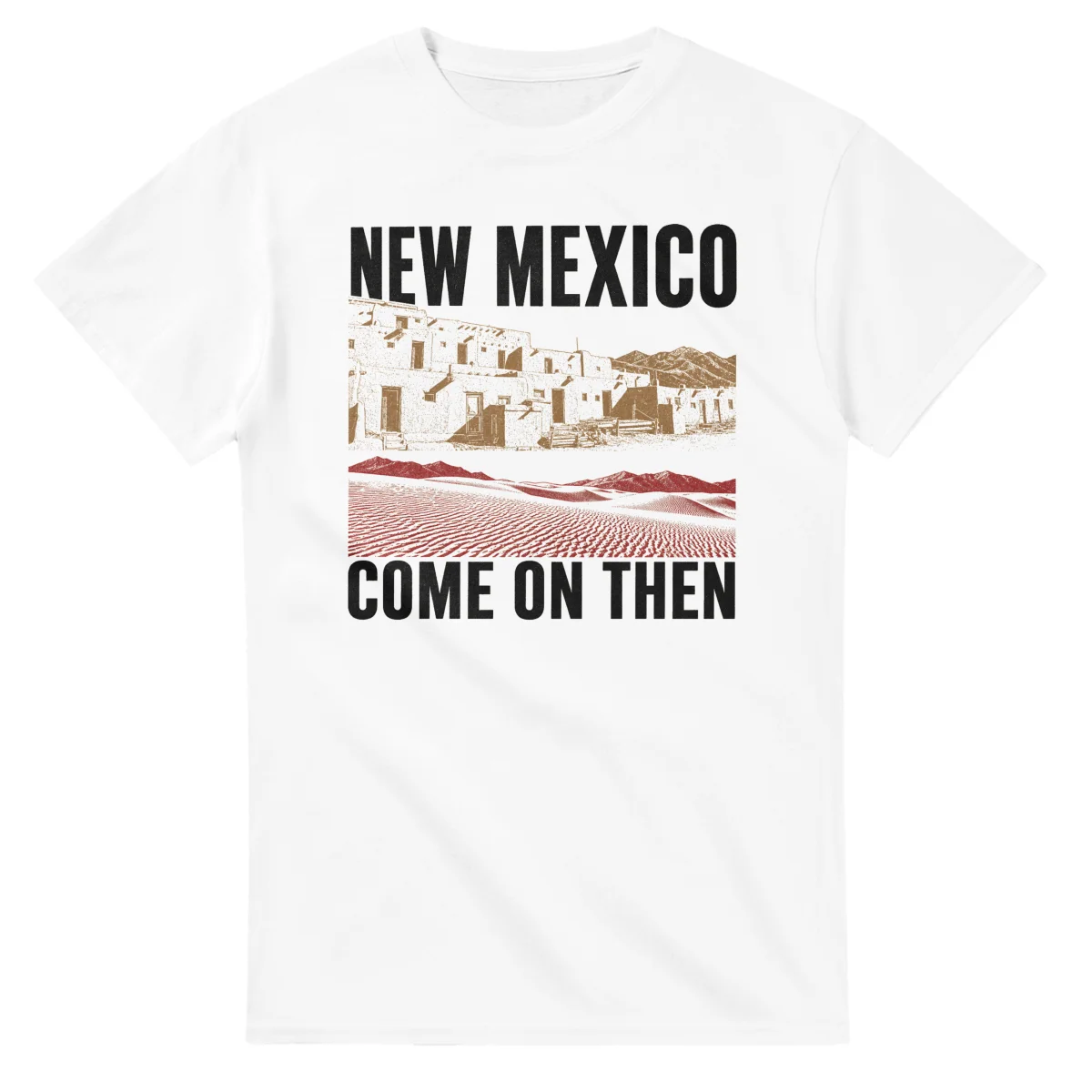 Two-colour scenic illustration for New Mexico, with the place name and COME ON THEN lettering.